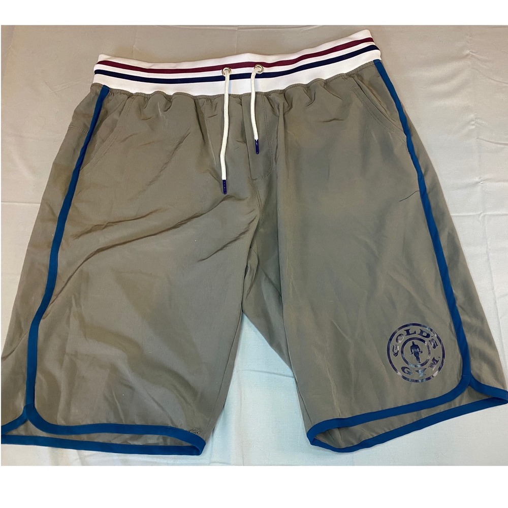 Golds Gym Athletic Shorts Mens 2XL Olive Green Blue Excellent Drawstring Striped
